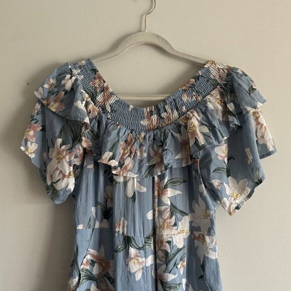 Loveriche Women SZ L Blue Floral Off Shoulder Ruffle Top Wide Leg Jumpsuit NWT - Picture 3 of 12